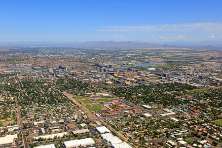 Aerial view of Tempe, Arizona looking to the Northeast with the McDowell Mountains in the distanceの写真素材