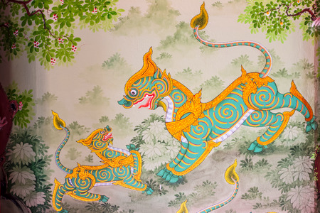 Wat Chong Lom Sakhon, THAILAND - JULY 23: Ancient Mural painting of the Animals in fiction  Wat Chong Lom Sakhon on JULY 23, 2013. Wat Chong Lom Sakhon  is a famous temple in Thailand.のeditorial素材