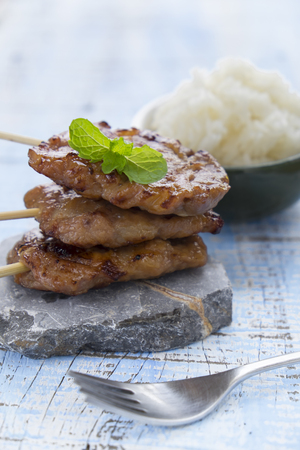 Grilled pork and sticky rice on plate, Thai food styleの写真素材