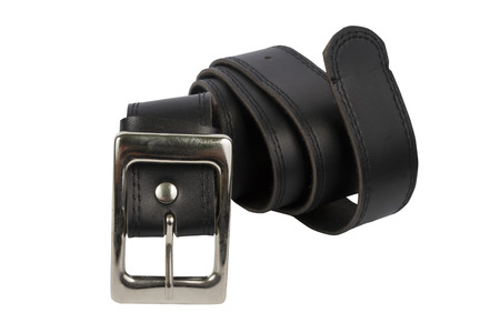 mens black leather belt, isolated over whiteの写真素材