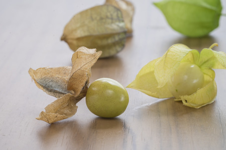 Macro detail image of Cape gooseberry on wooden backgroundの写真素材