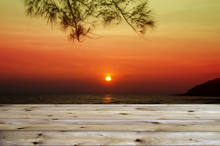 wood floor with beautiful sunset background.の写真素材