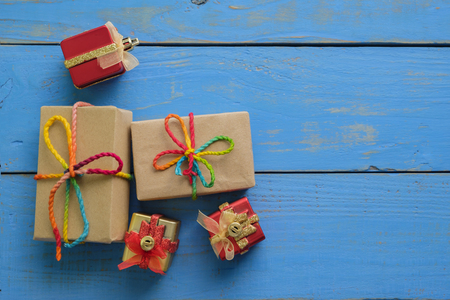 Gift boxs on old wooden floor. Decoration on chrismasの写真素材