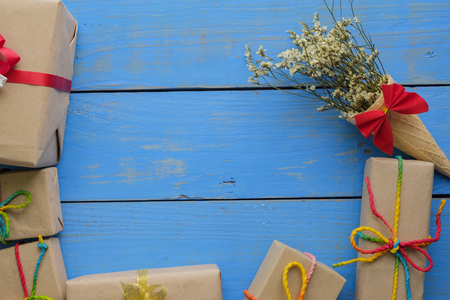Gift boxs on old wooden floor. Decoration on chrismasの写真素材