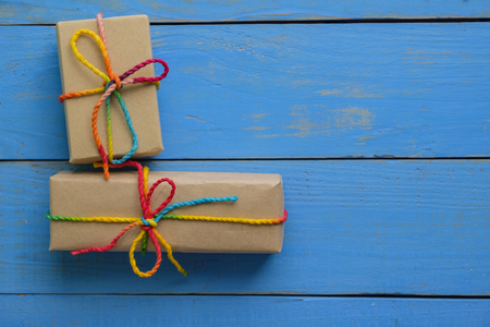 Gift boxs on old wooden floor. Decoration on chrismasの写真素材