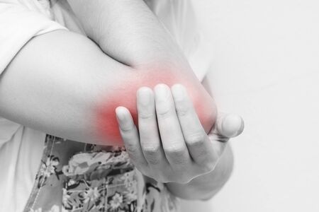 Acute pain in a women wrist on white background