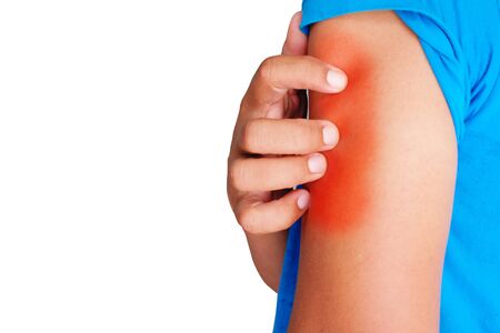 Health care concept. Itching of skin diseases in men using the hand-scratching. Man scratch the arm. Red around the Itching area.の写真素材