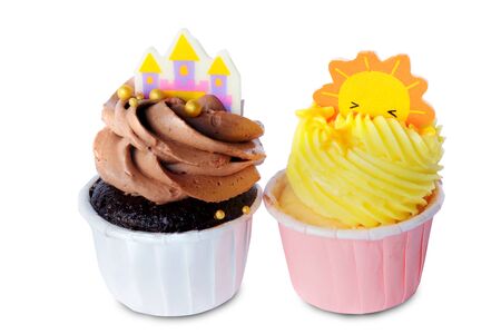 Two cupcakes isolated on white background. With clipping pathの写真素材