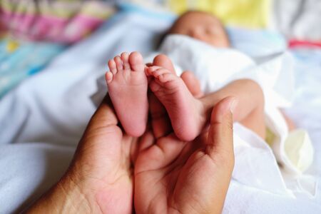 Parent holding in the hands feet of newborn baby.の写真素材