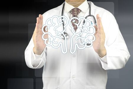 Male doctor working with stethoscope, medical technology concept