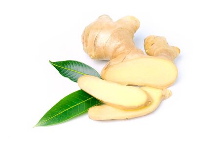 Ginger root and slices with leaves isolated on white background, herb medical concept