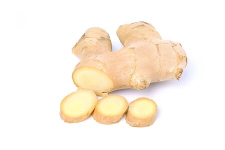 Fresh ginger rhizome with sliced isolated on white background, herb medical conceptの写真素材