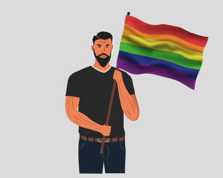 Handsome man holding flags for freedom. Man lgbtq pride.white background. Vector illustration.のイラスト素材