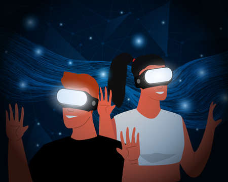 man and women  are connecting the virtual world in metaverse. man and women are enjoying new experiences in metaverse.の写真素材
