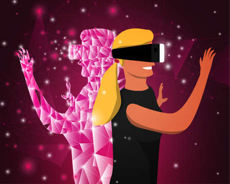 happy women connecting the virtual world. live in a virtual world in metaverse. enjoy lifestyle and game. illustration.の写真素材