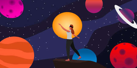 A woman is studying about the universe in metaverse, Travel the virtual space in the metaverse from home. future travel with metaverse. Illustration vector.のイラスト素材