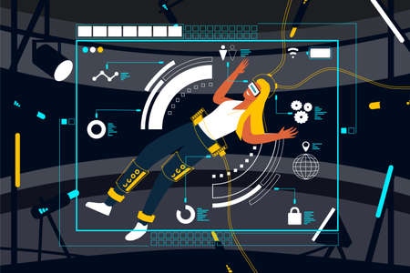 work in the virtual world. Work in the metaverse. women holding virtual Global Internet connection metaverse. women fun in the metaverse. vectorのイラスト素材