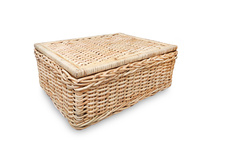 vintage weave wicker basket isolated on white backgroundの写真素材