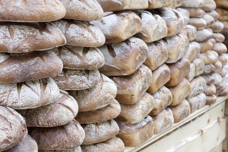 Stack of breads in bakery - horizontal viewの写真素材