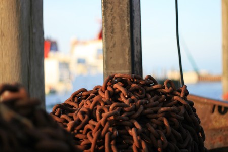 the rusty steel and the landing bridge of the fishing village in germanyの写真素材
