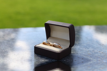 wedding rings in box - marriage ring with green grass in the backgroundの写真素材
