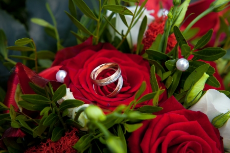 Rings on Roses - Wedding rings are on a bouquet or bunch of red rosesの写真素材