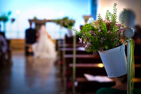 way floor path in church to wedding with flower white pot plant as decorationの写真素材