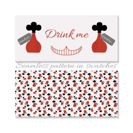 Cards Drink Me Bottle from Wonderland. Vector Illustration for Graphic Projects, Real Life Parties and the Internet.のイラスト素材