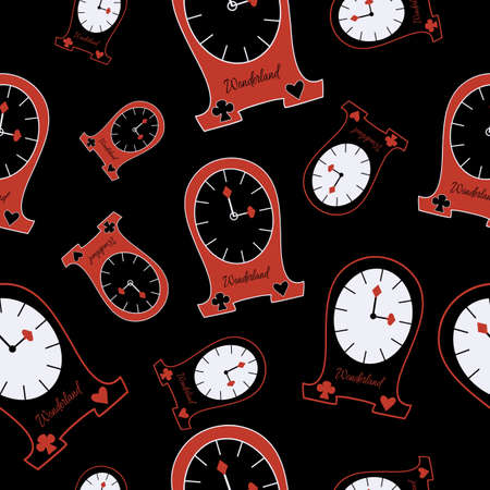 Alice Clocks from Wonderland World. Seamless Vector Texture Can Be Used for Wallpapers, Pattern...