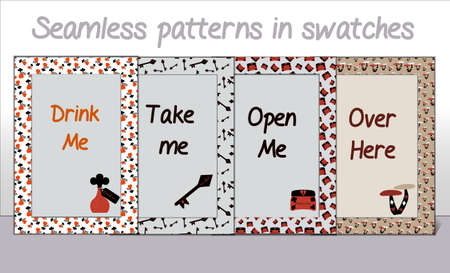 Collection of Card postcards Frames from Wonderland - Drink Me, Take Me, Open Me, Over Here. Vector illustration.のイラスト素材