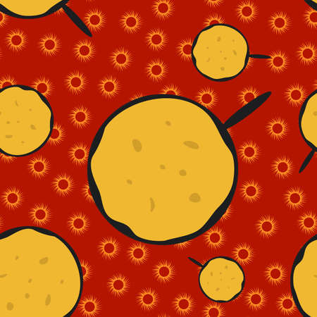 Abstract Shrovetide Seamless Pattern with Pancakes on Pan and Sun on Red Background. Vector...