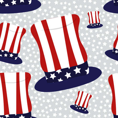 Abstract American President Day Seamless Pattern with Hats coloured as Flag and Stars . Vector Illustration for Celebration Holiday Design.のイラスト素材