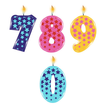 Set of Colorful Birthday Candles Isolated on White Background. Numbers Seven, Eight, Nine, Zero. Vector Illustration Design for Children Party, Baby Shower, Wedding.の写真素材