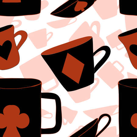 Red Cups with cards suits from Alice adventures in wonderland world. Seamless vector illustration can be used for Wallpapers, Pattern Fills, Web Page Backgrounds, Surface Texturesの写真素材