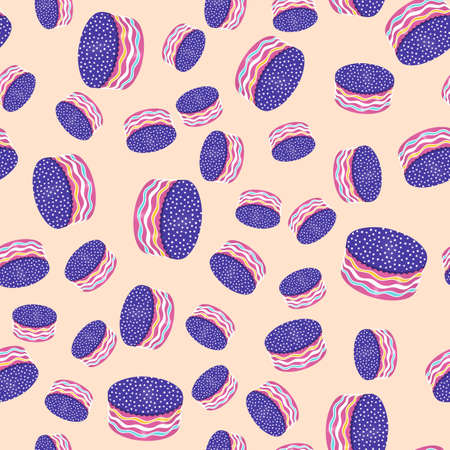 Round Cake Seamless Pattern on Yellow Background. Vector Illustration Design for Birthday, Children Party, Baby Shower, Wedding. Backdrop for Wallpapers, Curtain, Plates, Surface Textures, Wrappingの写真素材
