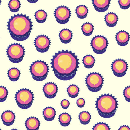 Seamless Pattern Cupcake Pink and Purple with Yellow Balloon. Vector Illustration Backdrop Design for Birthday, Children Party, Baby Shower, Wedding, Wallpapers, Wrappingのイラスト素材