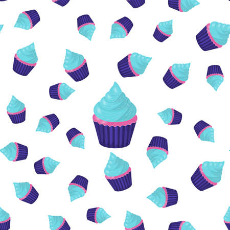 Seamless Pattern Cupcake Blue Pink and Purple. Vector Illustration Design for Birthday, Children Party, Baby Shower, Wedding. Backdrop for Wallpapers, Curtain, Plates, Wrappingのイラスト素材
