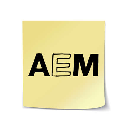 AEM - Hand Drawn Lettering Abbreviation for All Employee Meeting On Sticky Note Template. Vector Illustration Quote. Handwritten Inscription Phrase.の写真素材