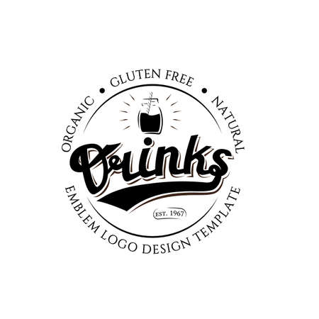 Organic Gluten Free Natural Drinks Round Logo  Template Isolated on White Background. Badge Hand Drawn Lettering with Jar. Emblem Vector Illustration for Logotype, Brand, Symbol.のイラスト素材