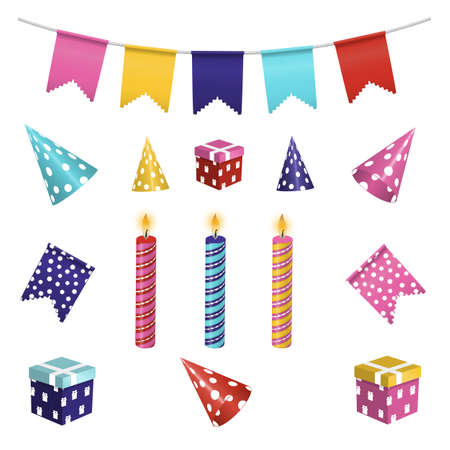 Set of Colorful Gift Boxes, Hats and Candles Isolated on White Background. Vector Illustration Design for Birthday, Children Party, Baby Shower, Wedding.の写真素材