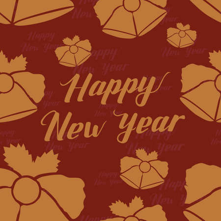 Happy New Year Seamless Hand Drawn Pattern with Lettering and Bells . Gold Vector Illustration on Red Background. Handwritten Inscription Backdrop for NY, Christmas Holiday Design, Sale, Invitation.のイラスト素材