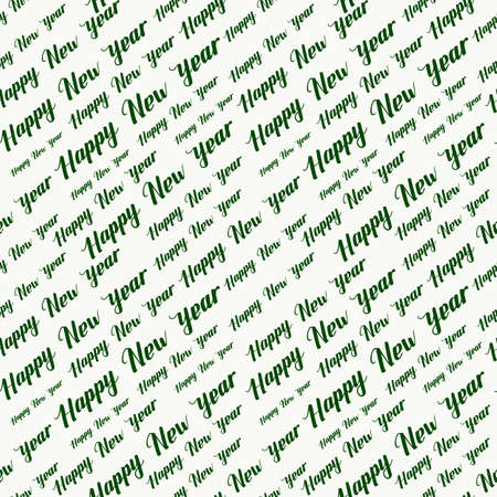 Happy New Year Seamless Hand Drawn Pattern with Lettering . Green Vector Illustration on White Background. Handwritten Inscription Backdrop for NY, Christmas Holiday Design, Sale, Banner, Invitation.の写真素材