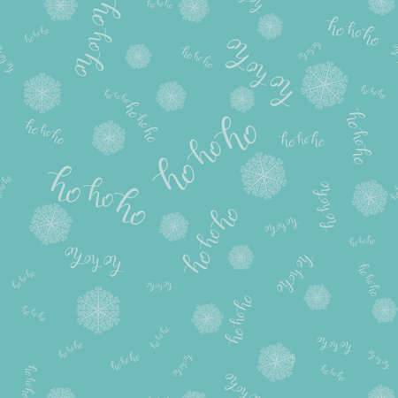 Ho-ho-ho Seamless Hand Drawn Pattern with Snowlakes and Lettering Blue. Vector Illustration. Handwritten Inscription Backdrop for  New Year Holiday Design, Sale, Banner, Invitation.の写真素材