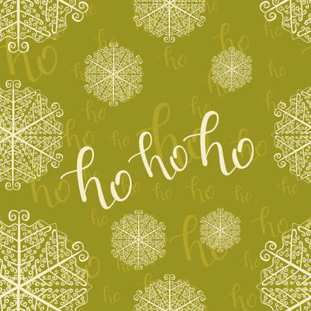 Ho-ho-ho Seamless Hand Drawn Pattern with Snowlakes and Lettering on Green Background. Vector Illustration. Handwritten Inscription Backdrop for  New Year Holiday Design, Sale, Banner, Invitation.の写真素材