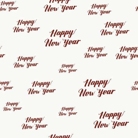 Happy New Year Seamless Hand Drawn Pattern with Lettering . Red Vector Illustration on White Background. Handwritten Inscription Backdrop for NY, Christmas Holiday Design, Sale, Banner, Invitation.のイラスト素材