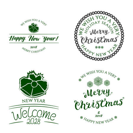 Set of Four Badges New Year Theme, Merry Christmas. With Hand Drawn Lettering, Bell, Snowflake. Collection Isolated on White Background. Green Emblems Vector Illustration.のイラスト素材