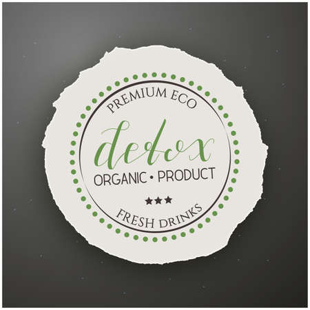 Round Badge Detox Organic Product with Hand Drawn Lettering on Torn Round Paper on Grey Background.の写真素材