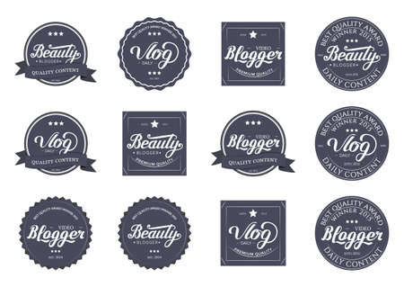 Collection of Badges Video Blogger,  Beauty, Vlog Video with Hand Drawn Lettering Isolated in White Background. Set of Black Logo Emblems Vector Illustration. Can be used for Logotype, Branding.の写真素材