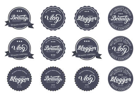 Collection of Badges Video Blogger,  Beauty, Vlog Video with Hand Drawn Lettering Isolated in White Background. Set of Black Logo Emblems Vector Illustration. Can be used for Logotype, Branding.の写真素材