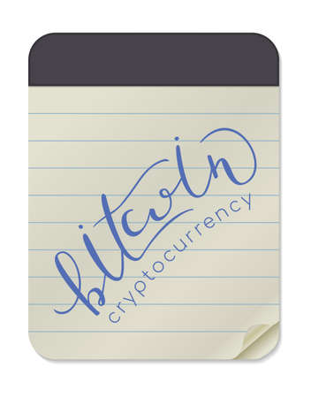 Bitcoin Cryptocurrency - Hand Drawn Lettering on Notebook Template on White Background. Vector Illustration Quote. Handwritten Inscription Phrase for T-shirt Print, Sale, Banner, Logotype, Logo.の写真素材